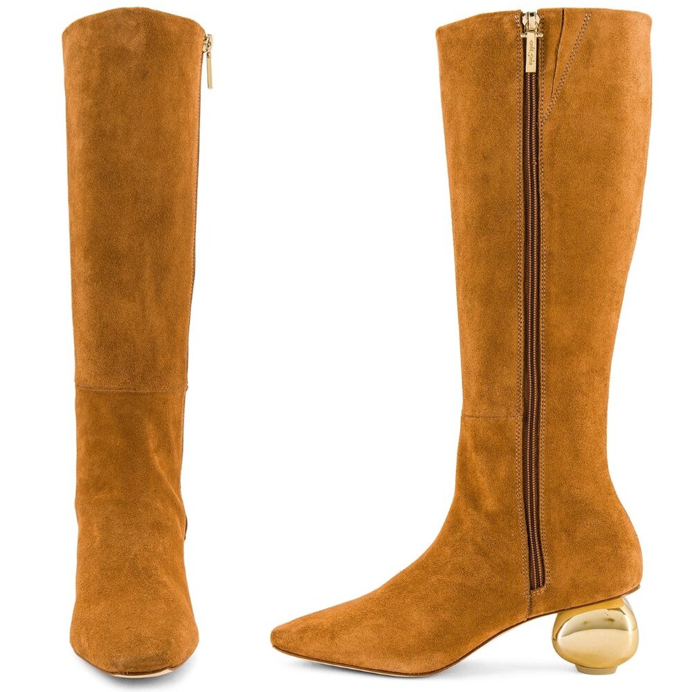 Cult Gaia NEW Zuri Knee High Boot in Camel Brown Gold Sculptural Heel Size 7 - Picture 2 of 11